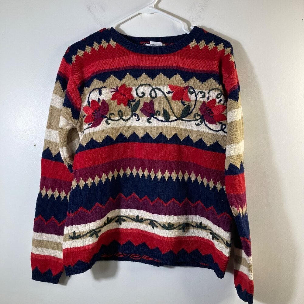 Womens Vintage‎ IC Isaacs Floral Stripe Sweater Red Blue Tan Ramie Cotton M